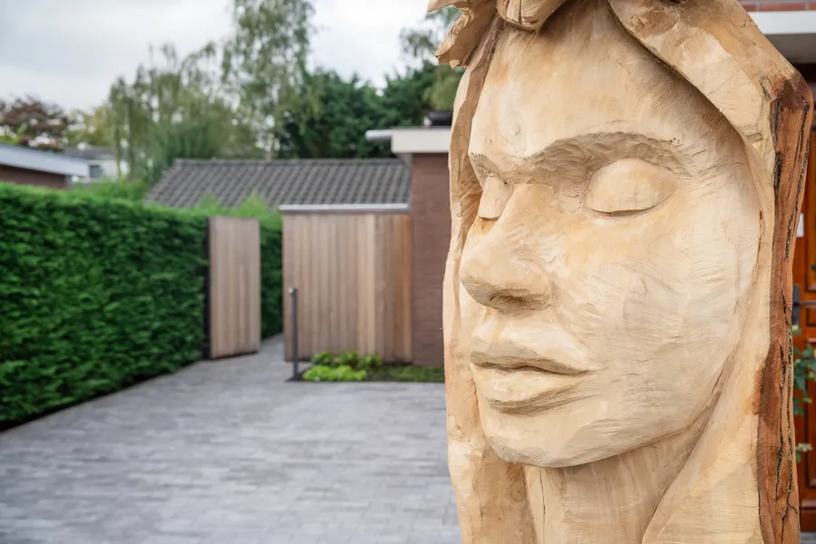 Houten beeld van een gezicht in de tuin, met de praktijk op de achtergrond